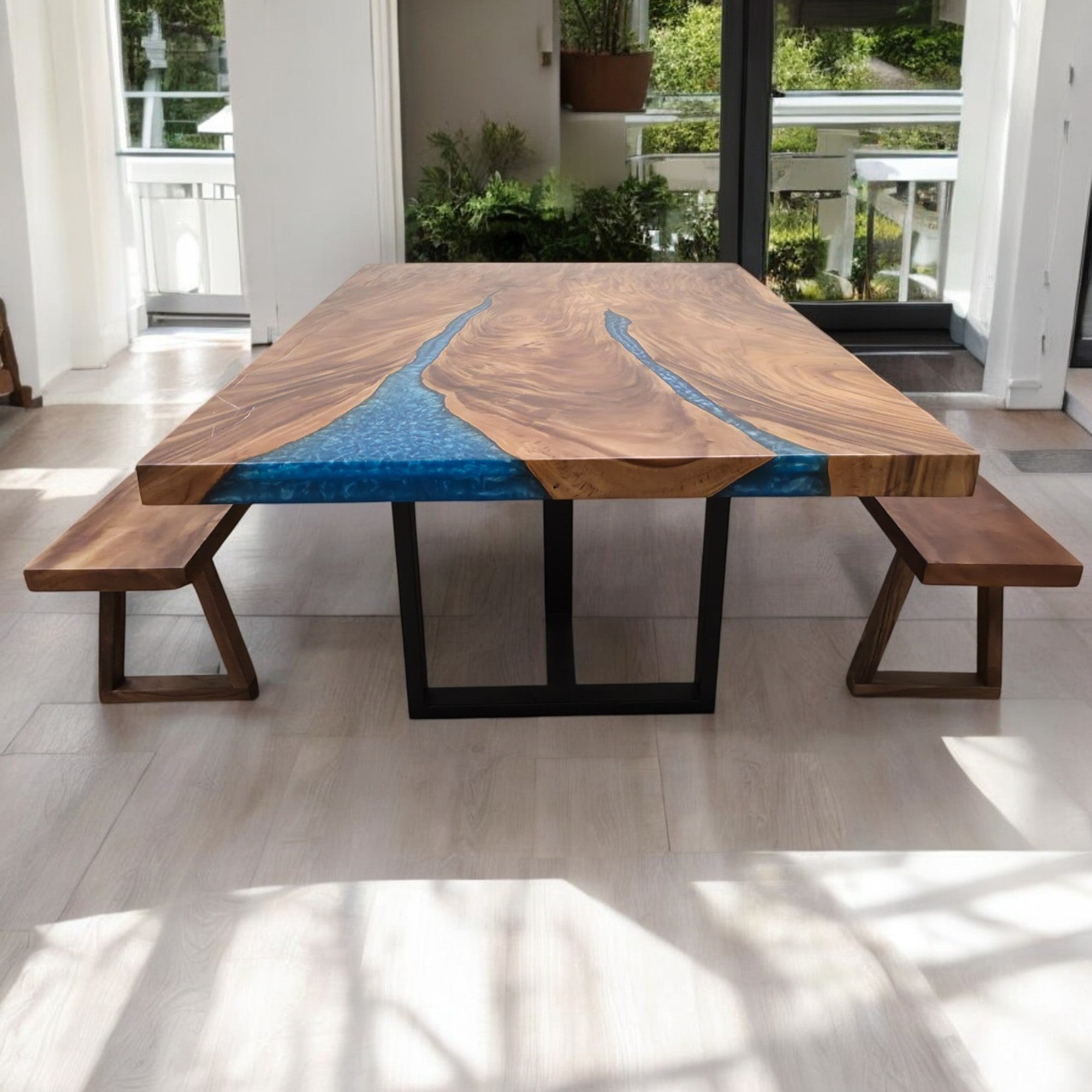 210cm x 145cm Blue Resin Live Edge East Indian Walnut Dining Table